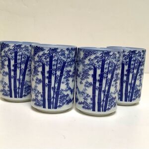 Vintage blue white tumblers Japanese ceramic tea glasses w/ bamboo print Euc